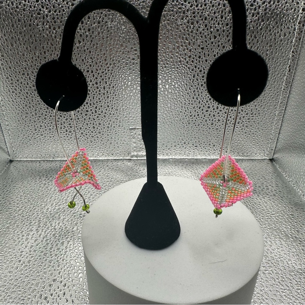 Geometric Pink and Green Beaded Earrings